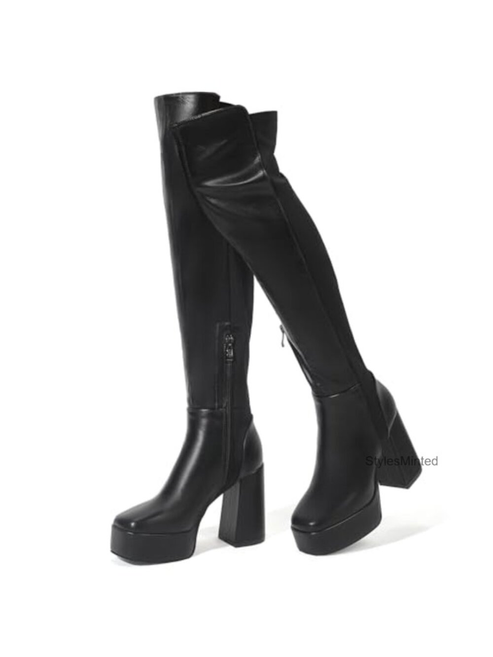 Thigh High Platform Boots Chunky Heel Square Toe